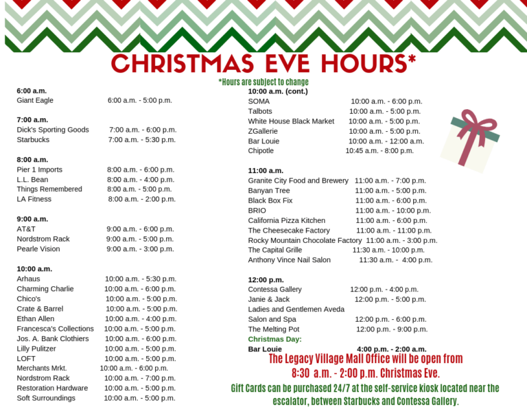 Christmas Eve Restaurant & Retailer Hours Legacy Village
